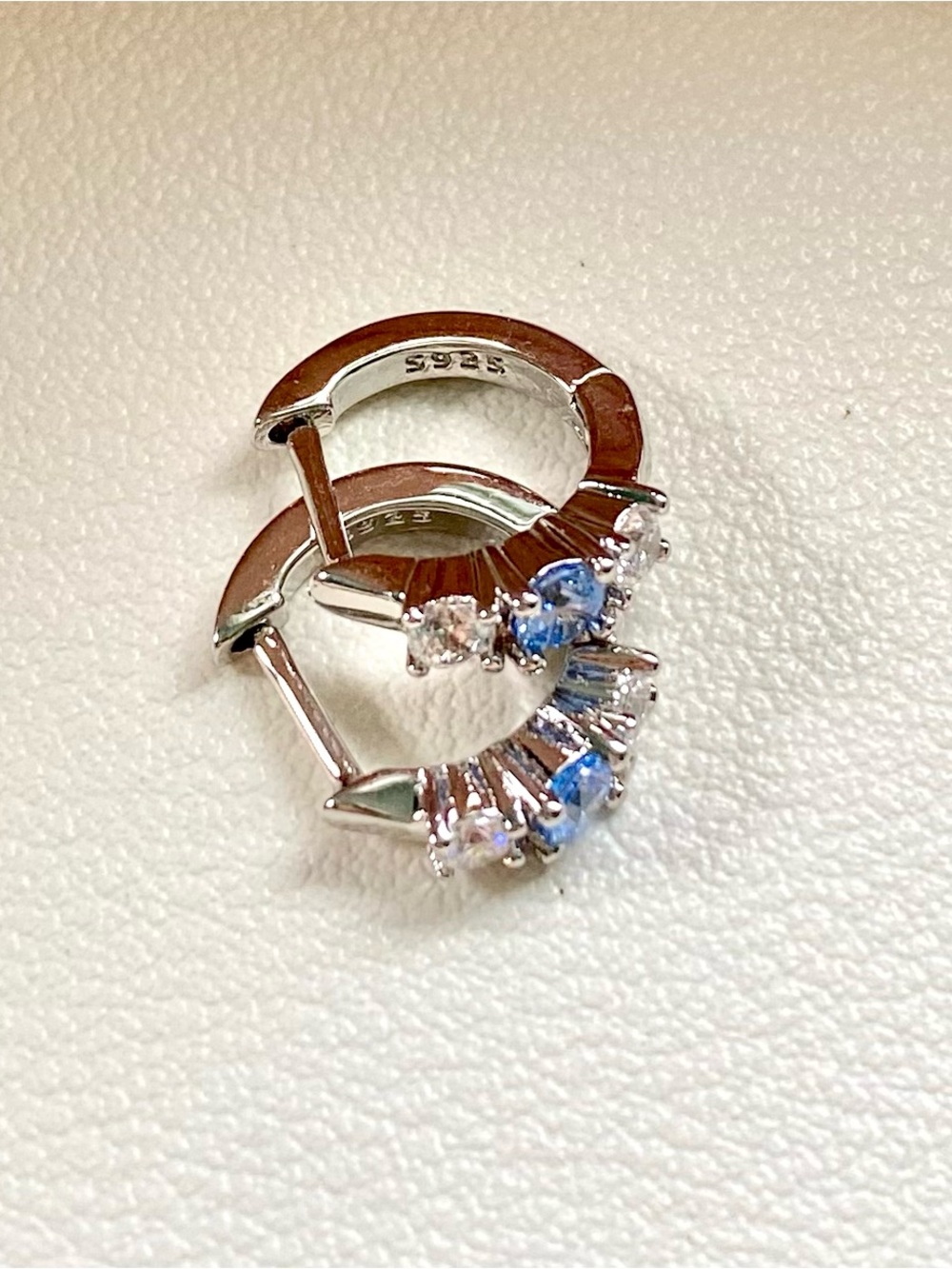 Silver Blue Sapphire & Cubic Zirconia Huggie Earrings - Picture 2 of 3